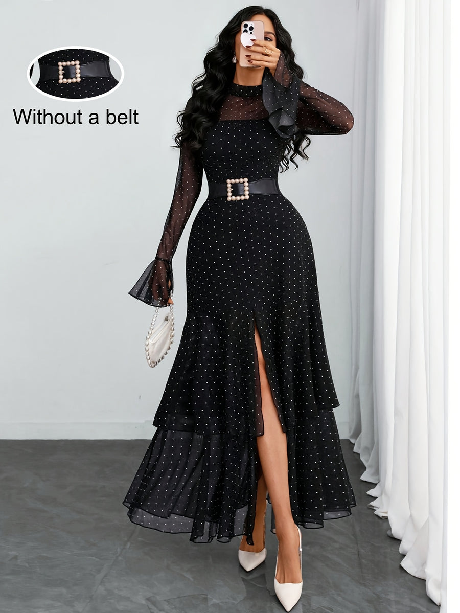 Women'S Romantic Sexy Elegant Modern Polka Dot Printed Stand Collar, Waist Double Slit Multi-Layered Skirt Dress, Suitable for Dates, Vacations, And Casual Wear, Belt Not Included - Black