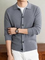 Men's Thick Knit Cardigan for Autumn & Winter, Classic Polo Collar, Solid & Striped Minimal Design, Old Money Style Warm Soft Sweater, Ideal Gift for Dad - Light Grey