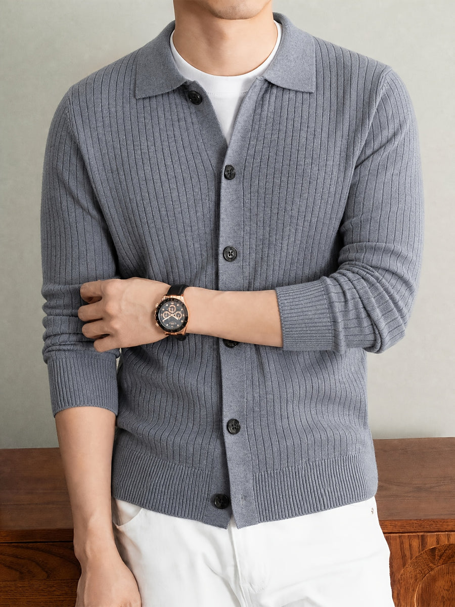 Men's Thick Knit Cardigan for Autumn & Winter, Classic Polo Collar, Solid & Striped Minimal Design, Old Money Style Warm Soft Sweater, Ideal Gift for Dad - Light Grey