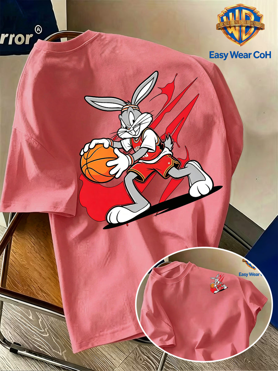 Warner Bros. Authentic Preppy Style Men's Short-Sleeve T-Shirt, Core Theme Ink Splatter Graffiti Sports Basketball Dribbling Cartoon Creative Print, Full of Dynamic Energy and Youthful Sporty Vibe, Skin-Friendly and Comfortable Fabric - Watermelon Red