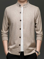Men'S Stand Collar Knit Cardigan Fleece Thickened Jacket Casual Vertical Stripe Button-Up Top - Khaki