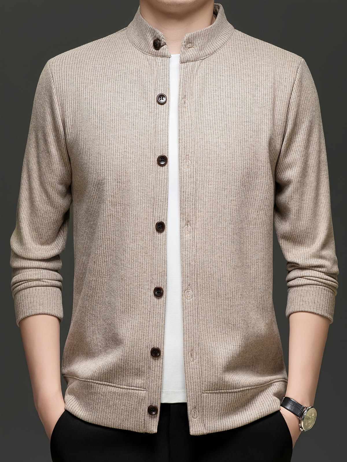 Men'S Stand Collar Knit Cardigan Fleece Thickened Jacket Casual Vertical Stripe Button-Up Top - Khaki