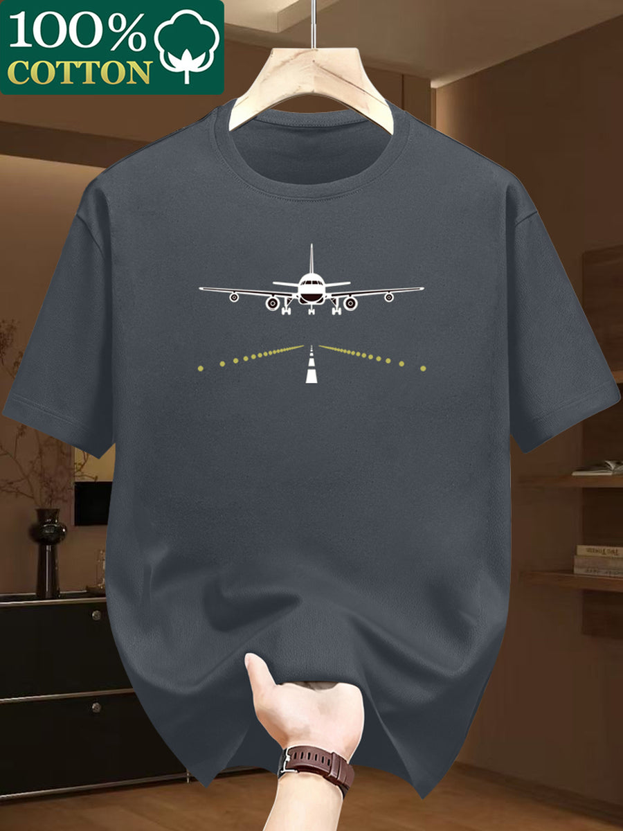 100% Cotton Men's T-Shirt, Cotton Fabric, Airplane Print, Lightweight, Breathable, Sweat-Absorbent, Essential Summer Daily Top - Grey