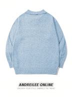 Men'S Casual Loose Fit Long Sleeve Pullover | Solid Color, V-Neck Polo Collar, Rib-Knit Detail, Perfect for Fall/Winter - Light Blue