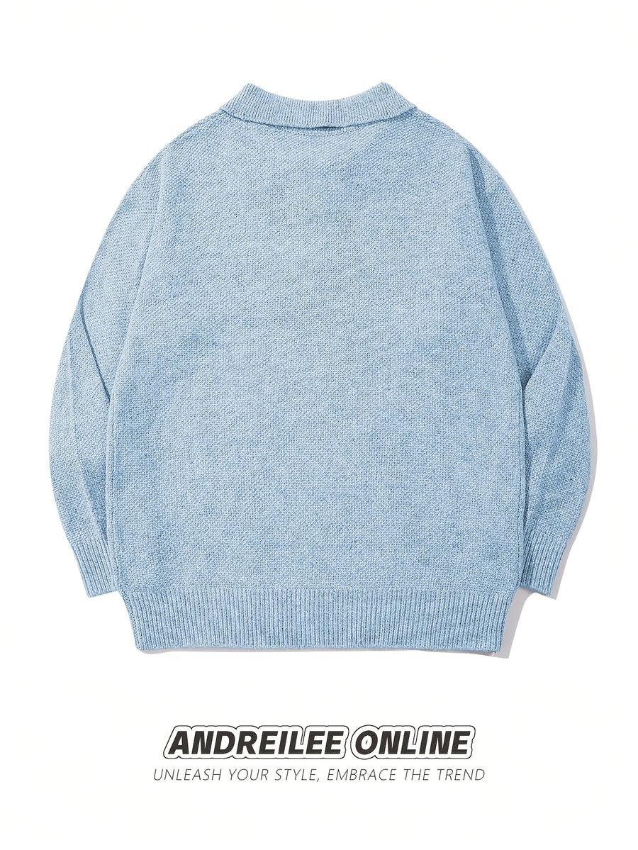 Men'S Casual Loose Fit Long Sleeve Pullover | Solid Color, V-Neck Polo Collar, Rib-Knit Detail, Perfect for Fall/Winter - Light Blue