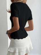Women's Lace Ruffle Slim-fit Cardigan Short-sleeve Solid Color Top, New Women's Comfortable Lace Patch Button Short-sleeve Top, Solid Color Lace Patch Minimalist Solid Color Top, Women's Lace Ruffle Slim-fit Cardigan Short-sleeve Solid Color Top - Black