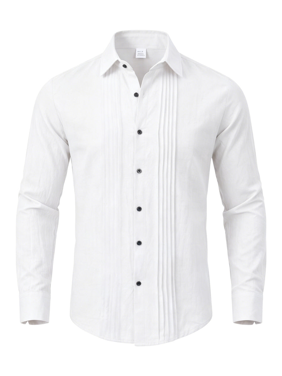 Men'S Fashion Top, Long Sleeve Gualabera Shirt with Pleated Front, Casual Shirt for Vacation, All-Season Casual Style - White