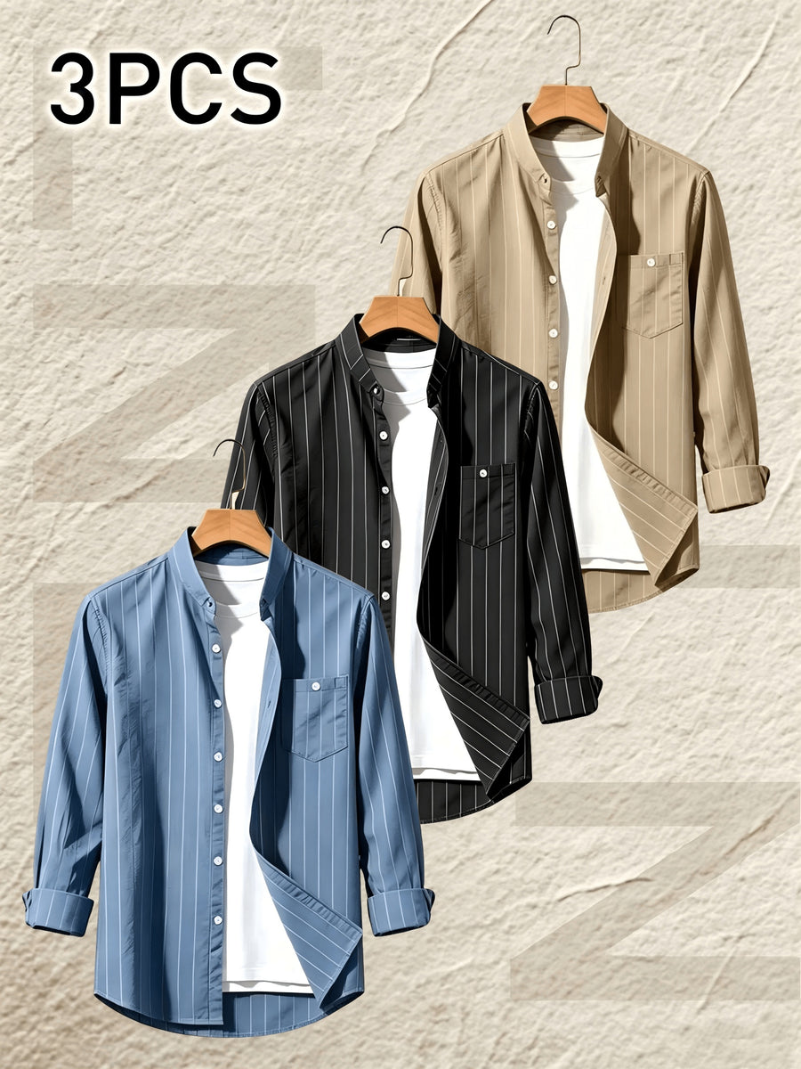 Pearson OBM 3pcs Set Men's Striped Linen Long-Sleeve Shirt; Sporty Casual Lapel Shirt with Pockets; Fashionable, Breathable, and Comfortable Fabric; Top for Beach Vacations and Outdoor Travel - Blue+Black+Khaki