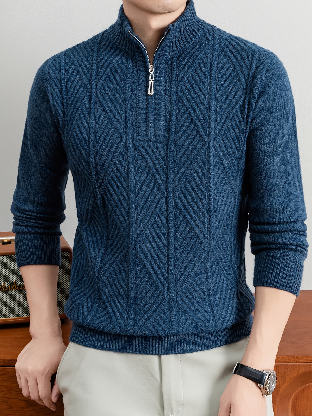 Men's Half-Zip Stand Collar Sweater with Zippered Panel & Striped Jacquard Knit - Warm Winter Pullover, Stretchable Stand Collar Suitable for Casual Office Wear, Layering Top, Hand Washable Regular Fit Blazer Compatible - Ink blue