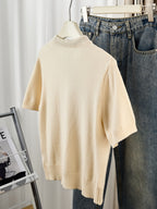 Gray Short-Sleeve Sweater with Scarf Bow Tie Collar - Round Neck Blouse-Compatible Suitable for Layering or Outerwear, Medium Stretch - Sweater for Commuting, Office & Casual Wear, Hand Washable Solid Color - Apricot