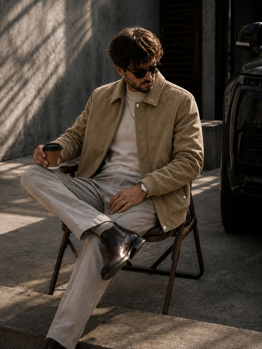 Men'S Autumn Winter Thickened PU Material Jacket, Retro Lapel Fleece-Lined Jacket, Loose Commuter All-Match Cargo Top, Windproof And Anti-Deformation, Autumn Winter Style, Travel Outdoor Wear - Khaki Plus Fleece