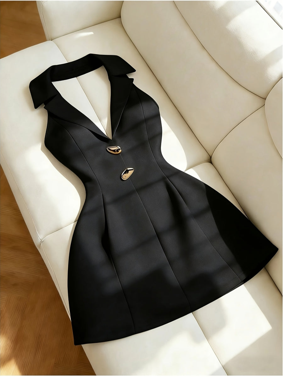 Elegant Exquisite Women'S Black Sleeveless Lapel Metal Button Waist-Cinched A-Line Dress Bridesmaid Dress Fashion Temperament Piece for Commute Date Dinner Party Daily Outfit - Black