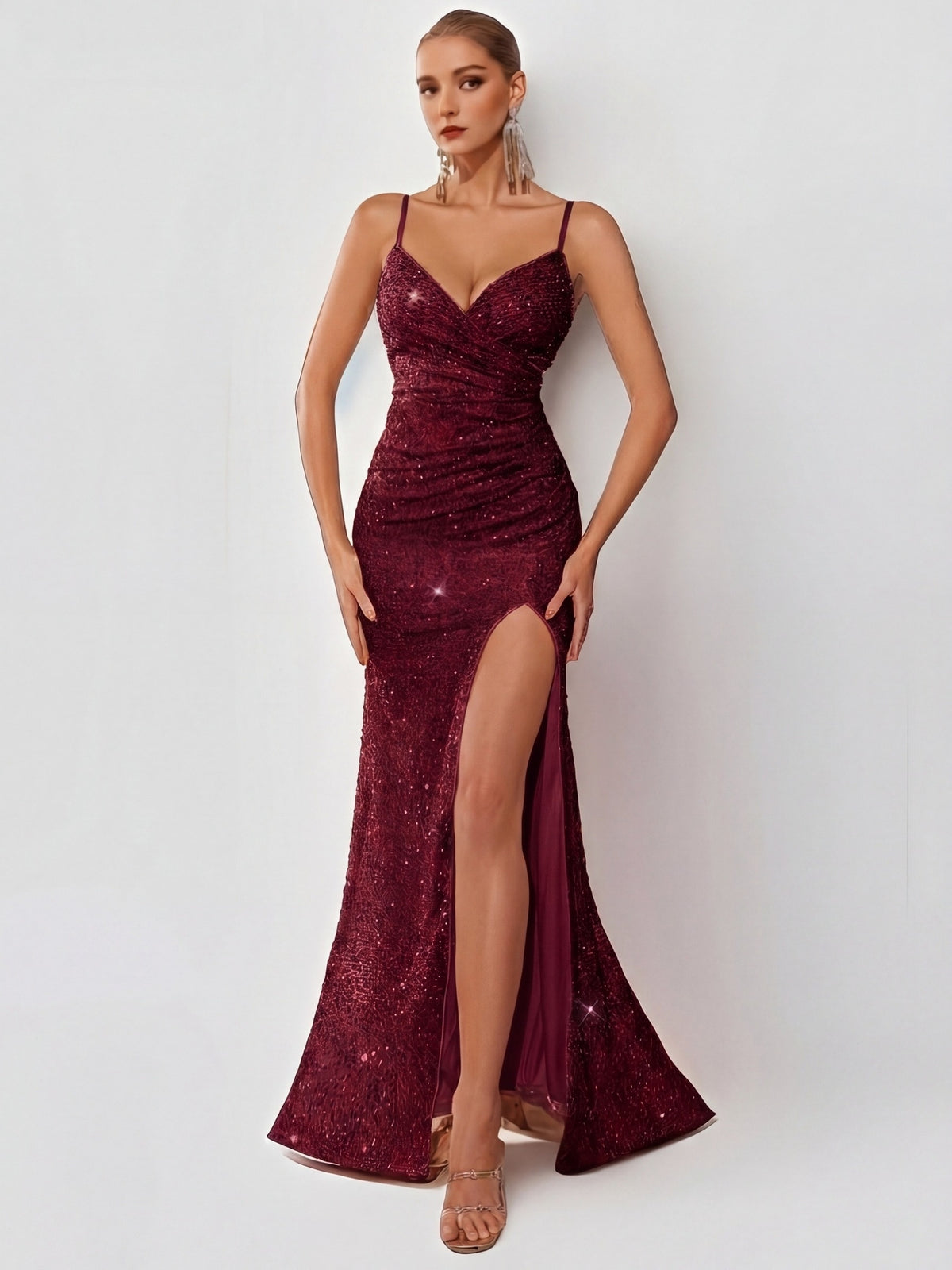 Sparkly Sequin Off-The-Shoulder Camisole Pleated Dress, Elegant Split Thigh Draped Side Slim Evening Dress, for Parties And Banquets, Wedding Nights, Proms, Date Night Dinners, Fashionable Elegant Performance Attire - Burgundy