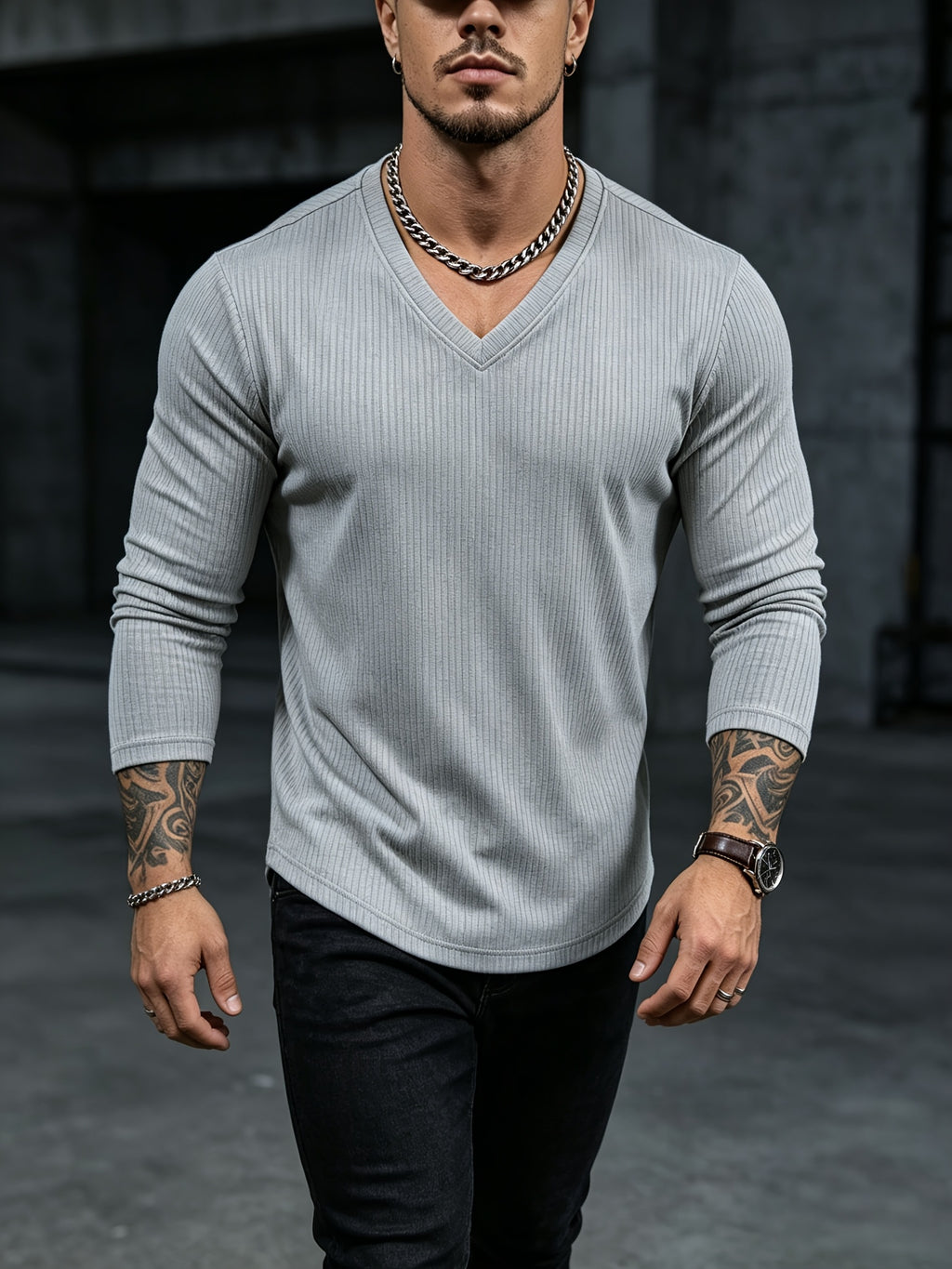 Mens V-Neck Long Sleeve Tshirt Ribbed Knit Stretch Slim Fit Casual Date Work Daily Fall Top - Grey
