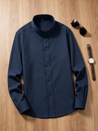 Men'S Mandarin Collar Long Sleeve Dress Shirts, Full Single Button Shirts with Chest Pocket, Solid Color Business & Daily Casual Tops - Navy Color
