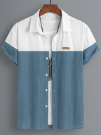 Men's Blue and White Contrast Corn Husk Grain Fabric Comfortable and Breathable Material, Lapel Collar, Full Open Front, Contrast Button Design, Suitable for Daily Casual, Fashionable, Simple Outings, Commuting, Street Style, Outings, and Summer New - Blue