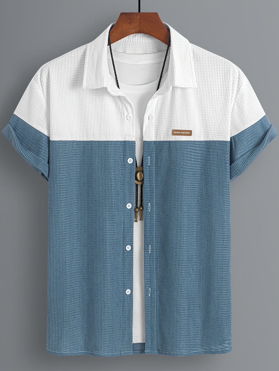 Men's Blue and White Contrast Corn Husk Grain Fabric Comfortable and Breathable Material, Lapel Collar, Full Open Front, Contrast Button Design, Suitable for Daily Casual, Fashionable, Simple Outings, Commuting, Street Style, Outings, and Summer New - Blue