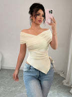Women'S One-Shoulder Cross Strap Off-The-Shoulder Top, Asymmetrical Hem with Side Drawstring, Slim Fit, Suitable for Commuting, Casual And Versatile - Apricot