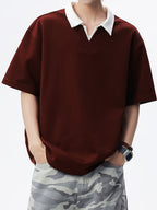 Summer Lapel Short Sleeve Polo Shirt Men'S Loose Premium V-Neck Design Versatile Short Sleeve Top - Angola Red