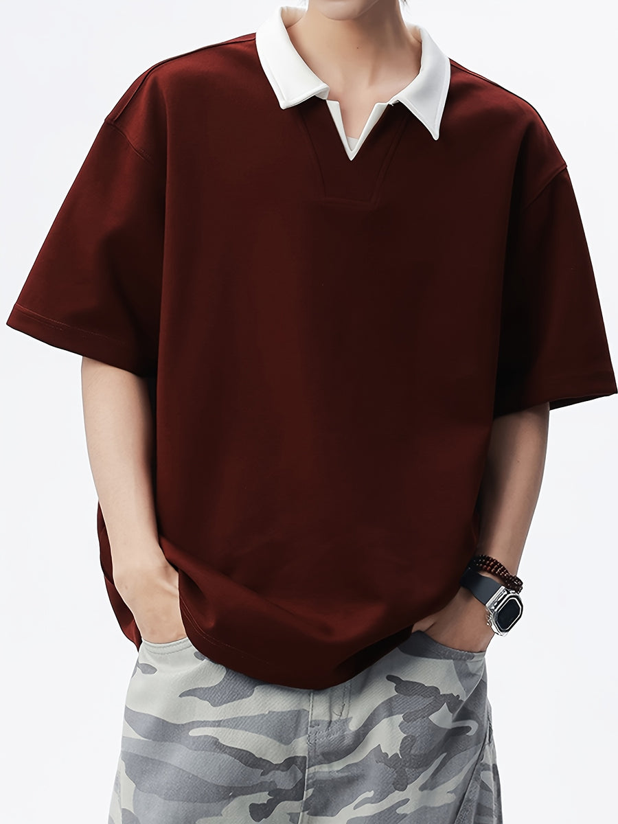 Summer Lapel Short Sleeve Polo Shirt Men'S Loose Premium V-Neck Design Versatile Short Sleeve Top - Angola Red