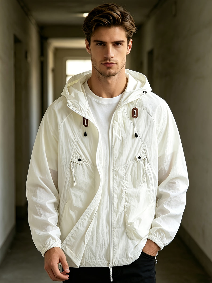 Men'S Spring Autumn Hooded Solid Pocket Jacket Sunscreen Top, Suitable for Outdoor Running Sports Commuting - 2390-glutinous white