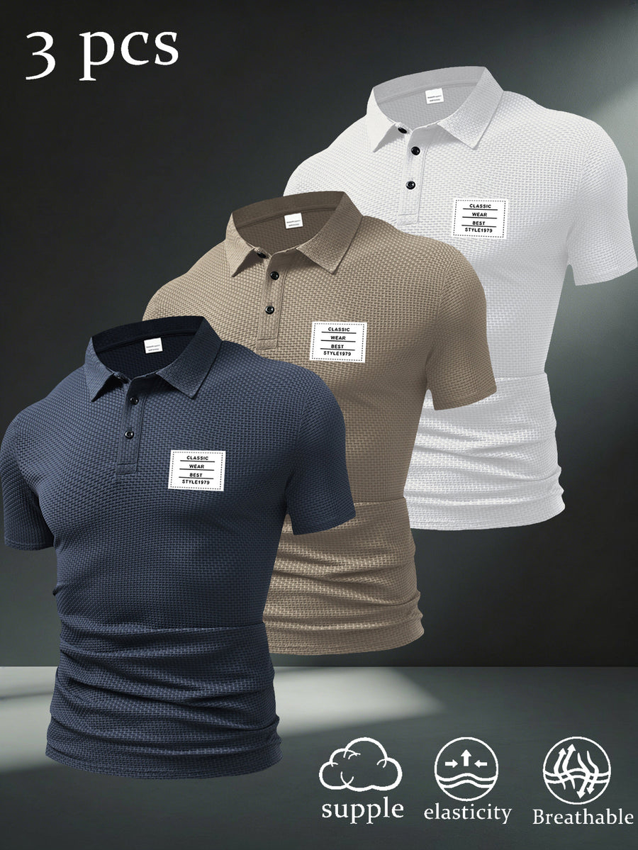 3pcs Men'S Casual Polo Shirt Set, Creative Print Patterns, Short Sleeve, Golf And Outdoor Sports Apparel, Breathable Comfortable Fabric, Regular Fit - Navy blue + khaki + white