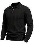 New Men'S Retro Jacquard Lapel Knit Polo Sweater Autumn Business Casual Long Sleeve Sweater Loose All-Match Solid Color Pullover Top - Black