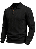 New Men'S Retro Jacquard Lapel Knit Polo Sweater Autumn Business Casual Long Sleeve Sweater Loose All-Match Solid Color Pullover Top - Black