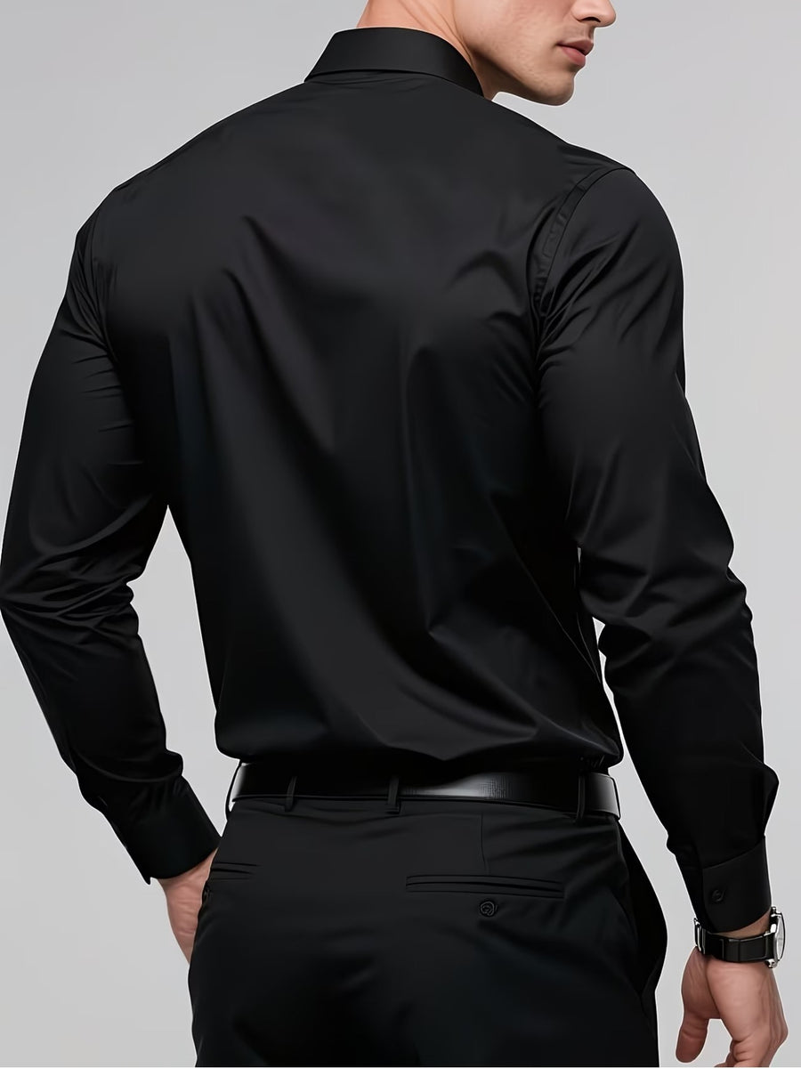 Men'S Long Sleeve Lapel Solid Color Shirt, Fashionable Non-Iron Easy Care Commuter Top, Classic Versatile Style - Black