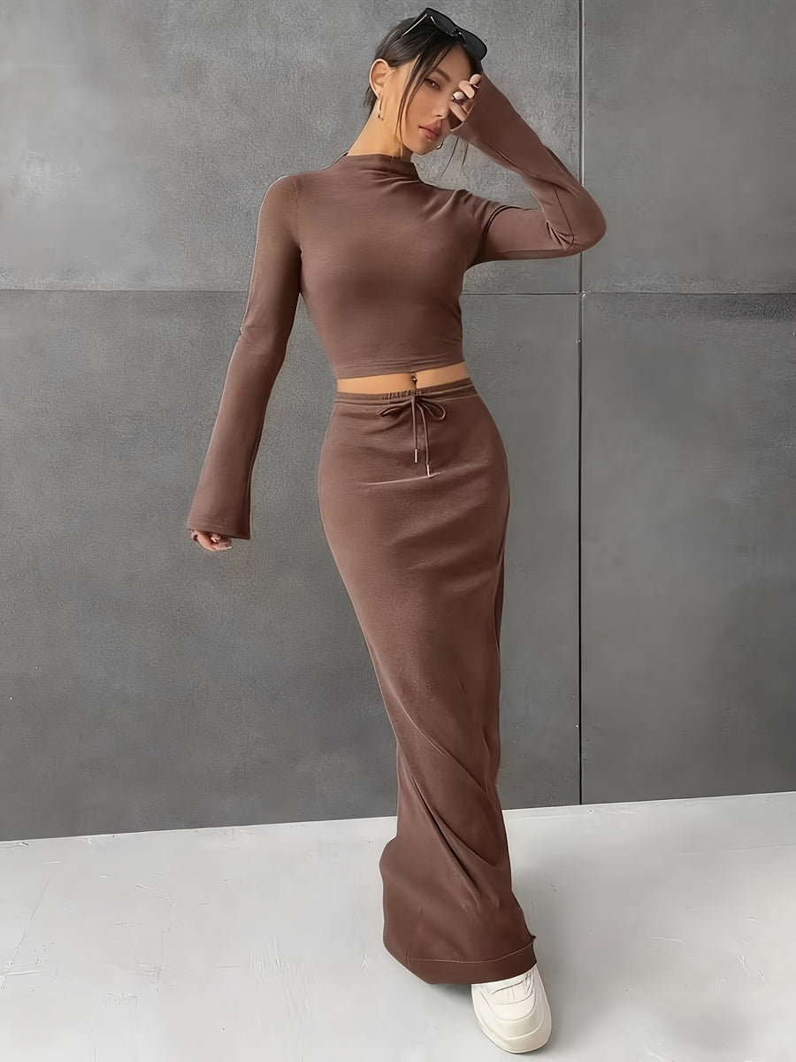 Spring and Autumn Solid Color Half Skirt Long Sleeve Top, Fashionable 2pcs Set for Women - Coffee Color