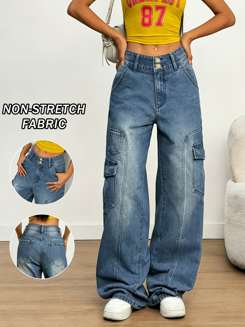 Women's Vintage Washed Cargo Jeans, Multi-Pocket Straight Leg Denim Pants, Double Button Loose Street Style Denim Trousers for Daily Wear - Blue