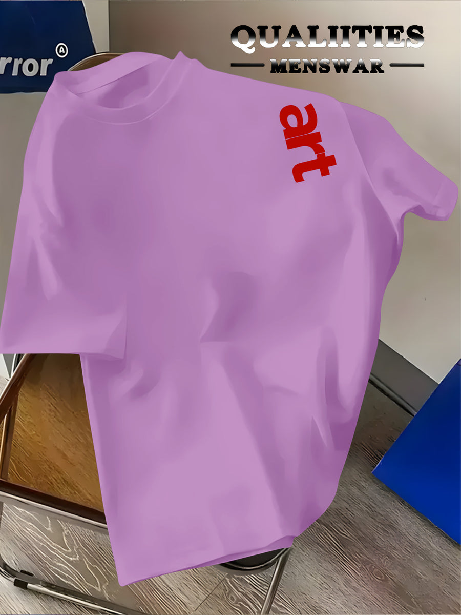 Men'S Fashion Short Sleeve T-Shirt, Minimalist Red Letter Pattern Print, Casual Regular Knit Tee, Suitable for Daily Wear, Couple Style, Unisex, Summer New Arrival, Versatile Style - Violet