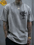 Officially Licensed by Warner. Featuring The Cartoon Print of Le Yitong'S Mischievous Wolf. This Men'S Distressed T-Shirt Is a New Summer Style with Faded And Retro Look. Perfect for Daily Wear - Grey