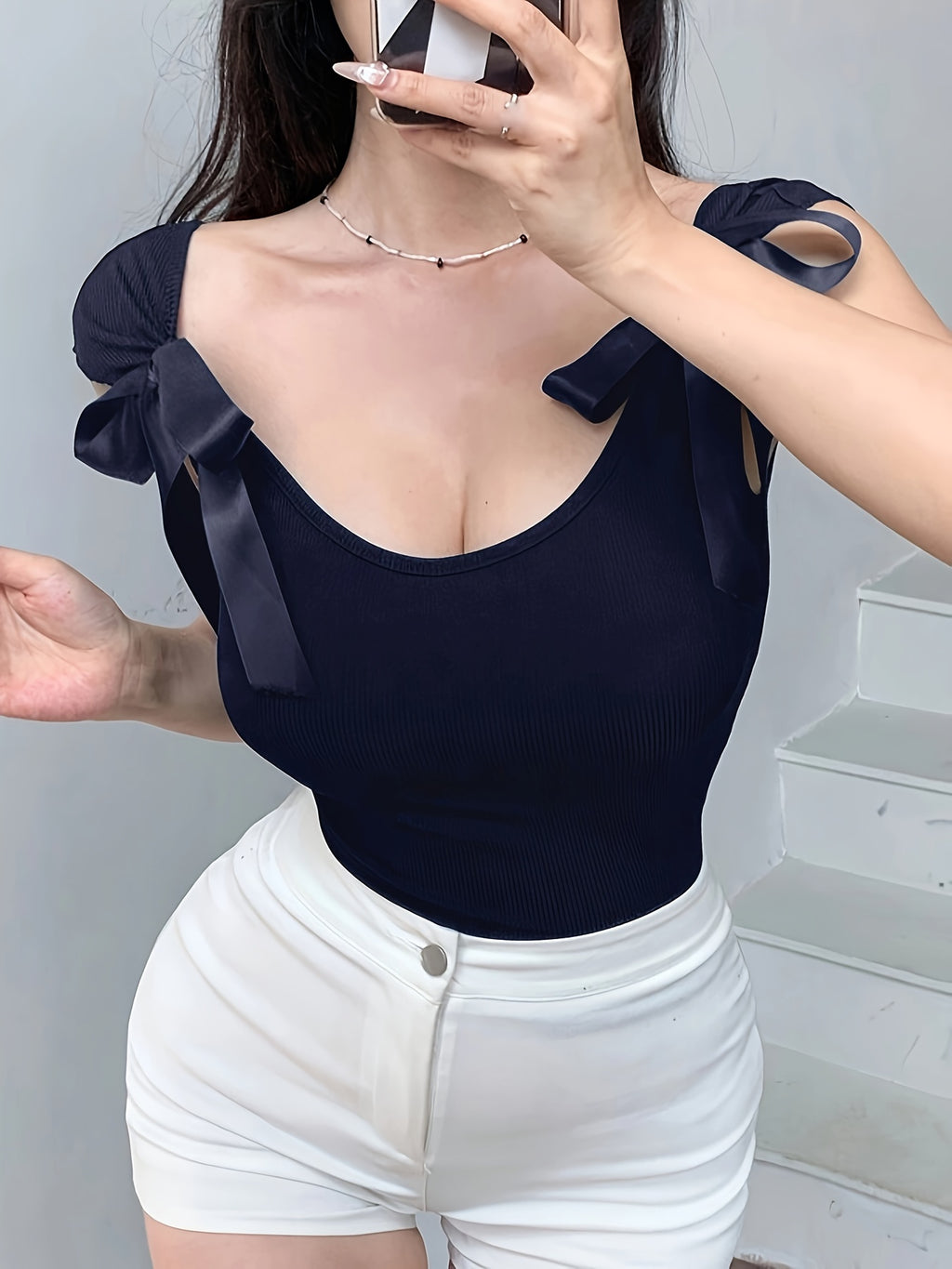 Lin Zuojia Women's Bow Strap Backless T-Shirt - Short Sleeve Round Neck Bow Accent Top, Medium Stretch Fitted Blouse for Spring Summer Fall Layering, Solid Color Casual Wear, Machine Washable Backless Shirt - Navy Color