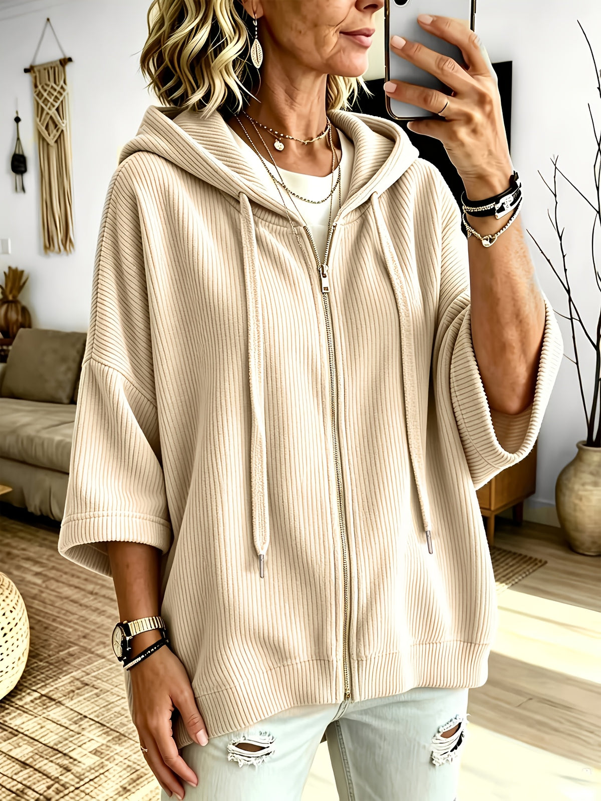 Plus Size, Women's Plus Size Corduroy Casual Drawstring Hooded Sweatshirt Top, Classic Versatile Hooded Top Elegant Women's Jacket, Loose Fit Comfortable Sweatshirt Jacket, Suitable for Commuting and Casual Wear - Apricot