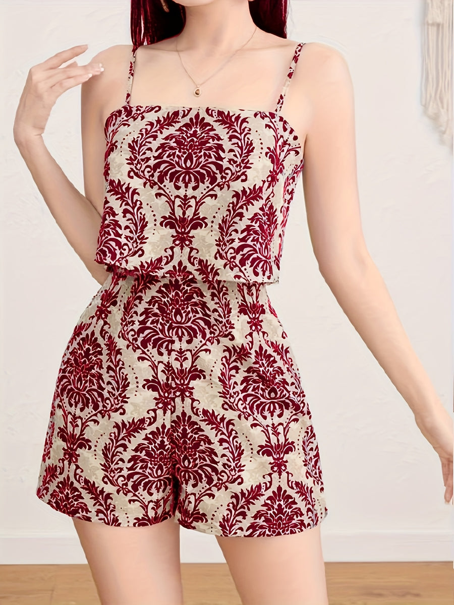 Women'S Elegant Off-Shoulder Jumpsuit - & Brown Floral Print, Backless Design, Lightweight Summer Outfit for Parties, Dates - Deep Red