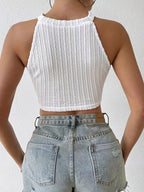 Women's Sexy Summer Cropped Sleeveless Top with Elegant Fringe Details - Slim-Fit Stretch Round Neck Casual Chic Outing Shirt, Cute Tops for Summer, Festive Outfit Choice, Nontransparent Material - White