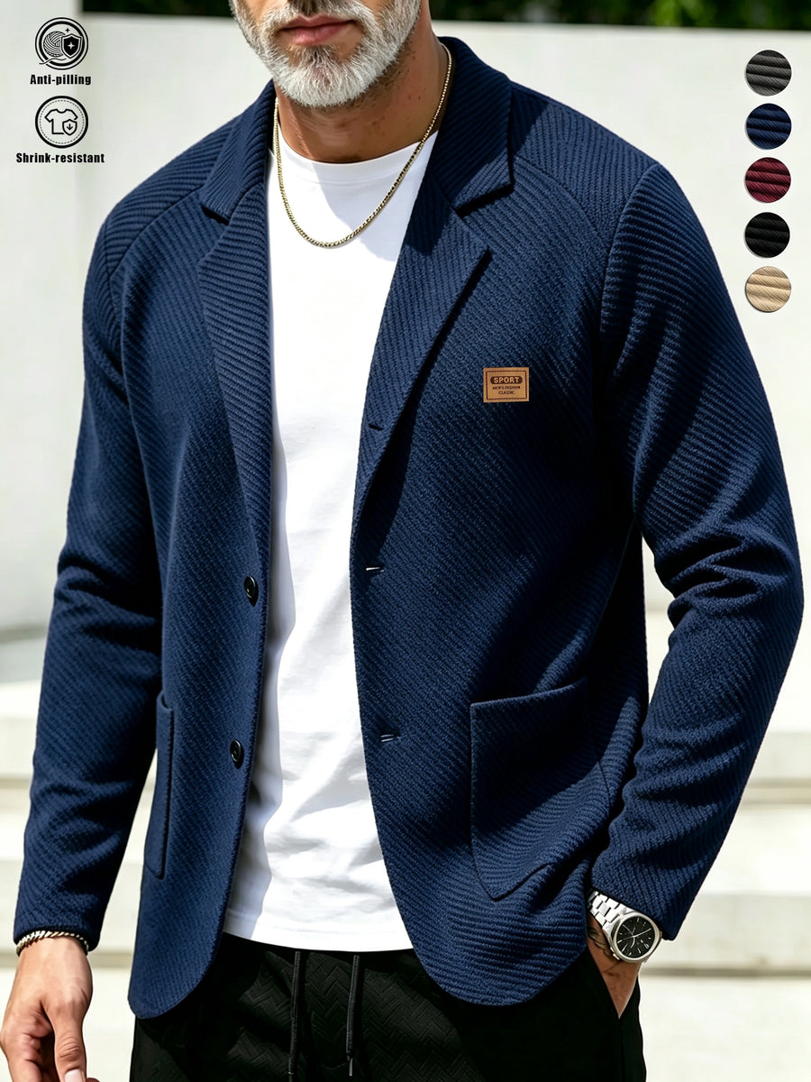 Men'S Spring Autumn New Pinstripe Textured Fabric Blazer Collar Cardigan Single Button Double Pocket Business Casual All-Match Long Sleeve Jacket, Knit Soft Comfortable Fashion Solid Color Outerwear Suitable for Daily Outings, Dates, Holidays - Navy Color