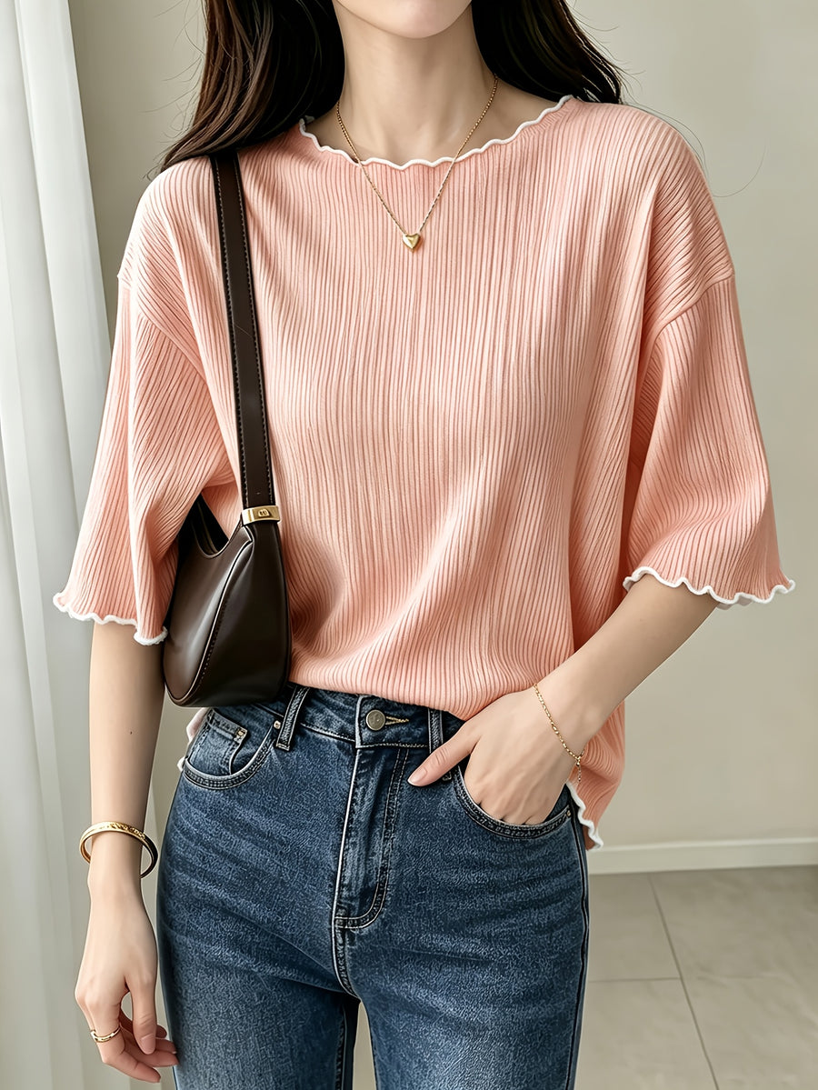 Women's French Ruffle Top - Spring Summer Stretchy High-Elasticity Ruffle Trim Shirt, Solid Color Non-Sheer Machine Washable Suitable for Daily Commute, Office & Casual Wear, French Style Wardrobe Essential - Peach