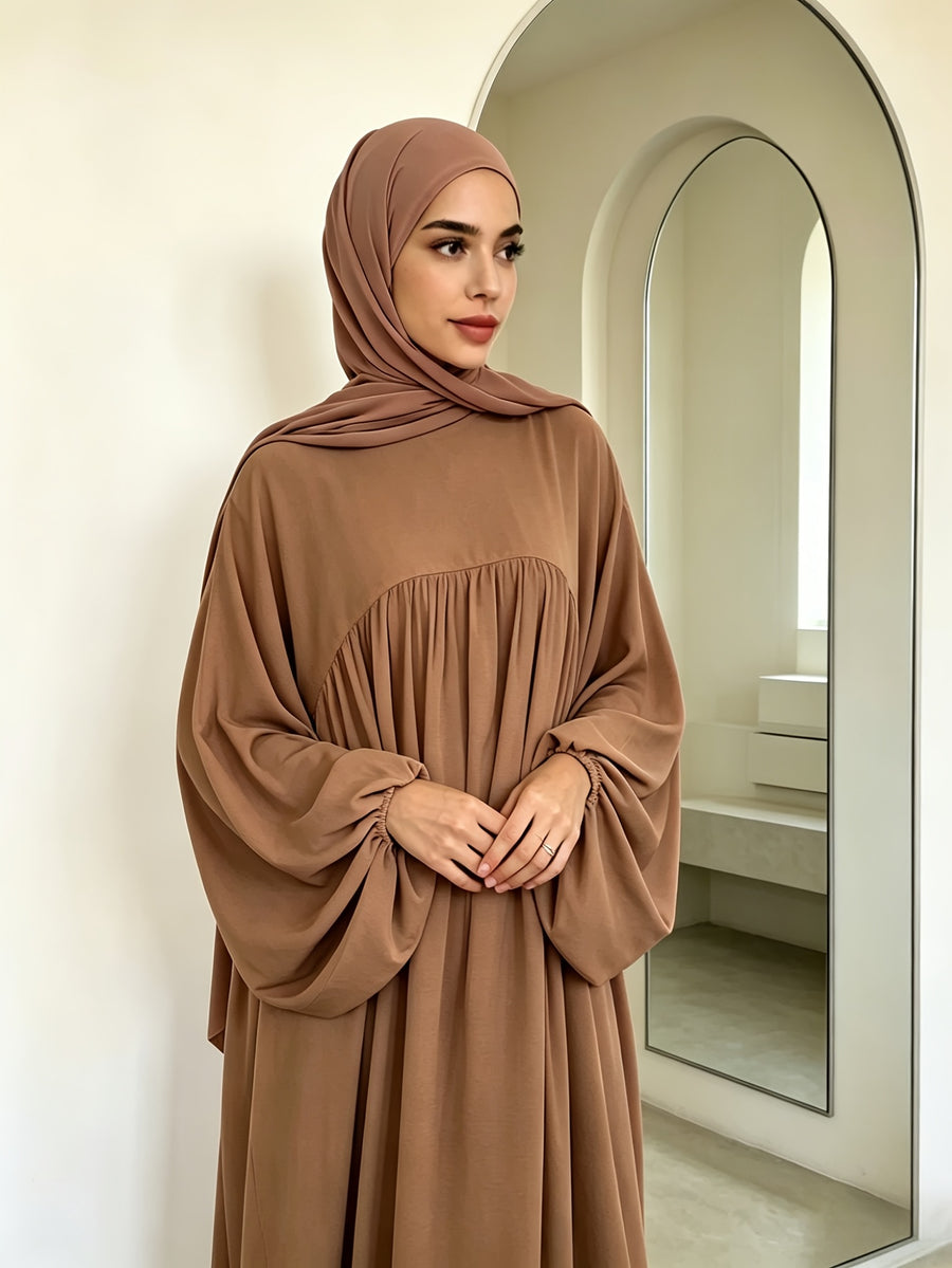 Modest Gathered Waist Maxi Dress, Loose Fit Balloon Long Sleeve Dress with Elastic Cuffs for Daily Wear - Khaki