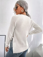 Women's Slim Fit High Elasticity Long-Sleeve Top. Details: Slit Hem Bow Design Knitted - Ribbed Crew Neck Elegant Women's Wear for Autumn/Winter, Casual Everyday Semi-Formal Mustard Yellow Machine-Washable 100% Solid Versatile Base Layer Shirt - White
