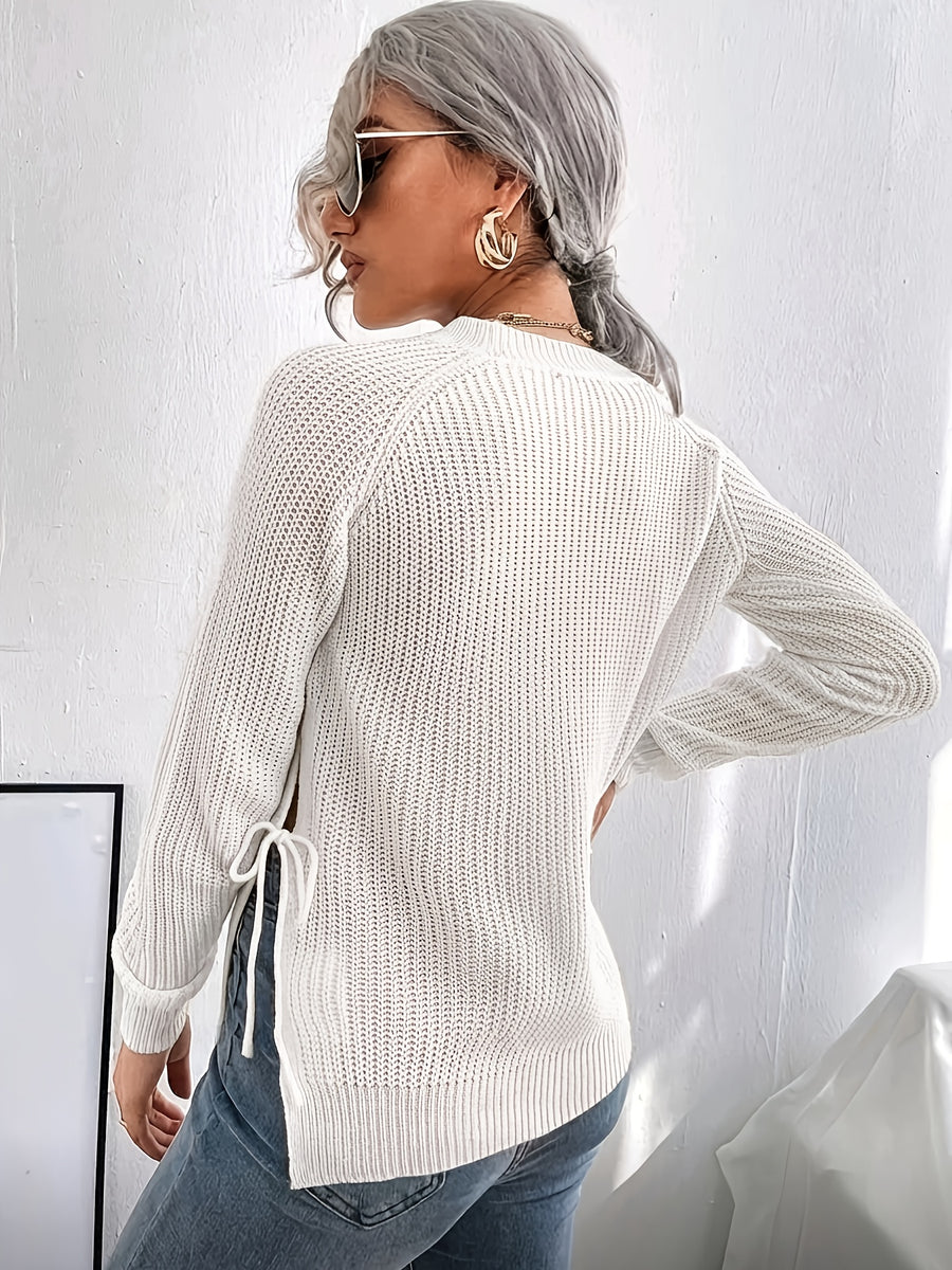 Women's Slim Fit High Elasticity Long-Sleeve Top. Details: Slit Hem Bow Design Knitted - Ribbed Crew Neck Elegant Women's Wear for Autumn/Winter, Casual Everyday Semi-Formal Mustard Yellow Machine-Washable 100% Solid Versatile Base Layer Shirt - White