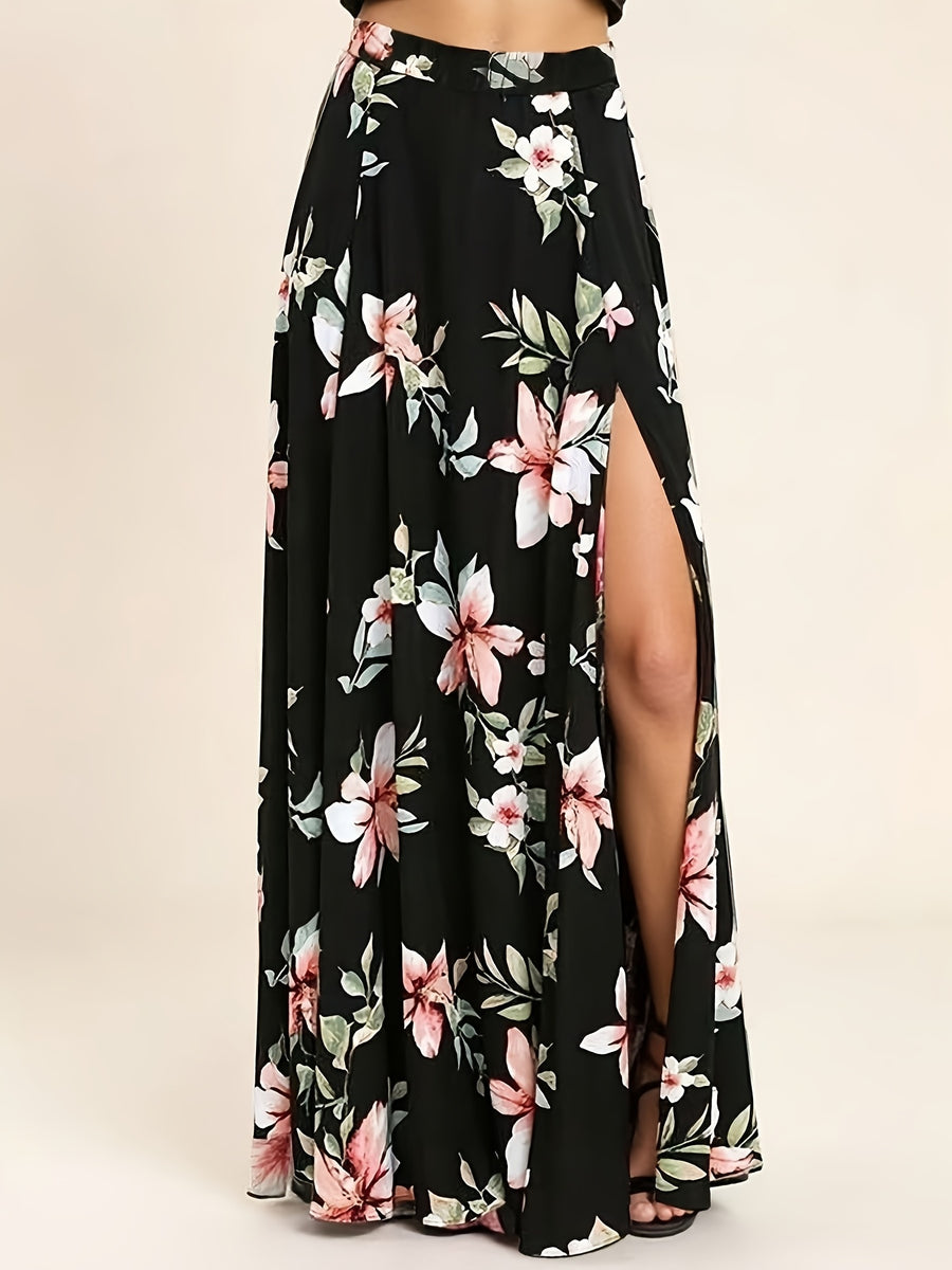 New Printed Slit Maxi Skirt, Flowy Vacation-style Long Dress - Black