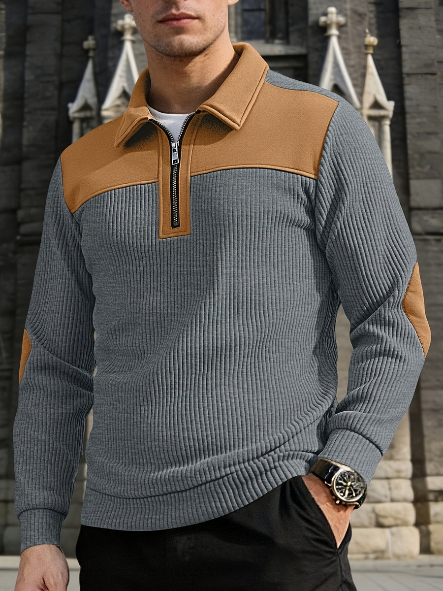 Light Luxury Color-Block Patchwork Half-Zip Lapel Sweater, Men'S Pinstripe Stretch Long Sleeve Casual Commuter Top - Grey