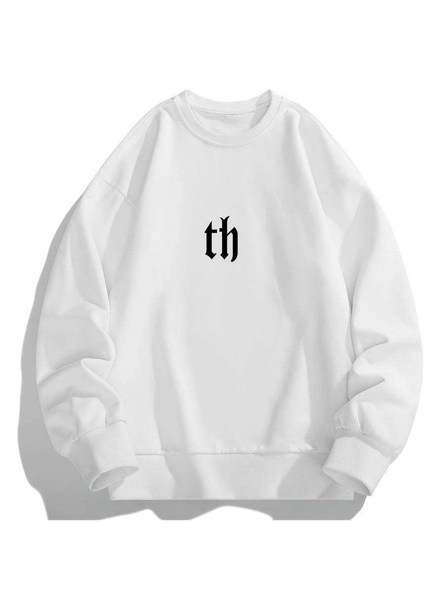 Men'S Crew Neck Sweatshirt, Spring Autumn Streetwear Letter Graffiti Print Pullover Top, Youth Loose Casual Versatile Long Sleeve Basic Undershirt - White