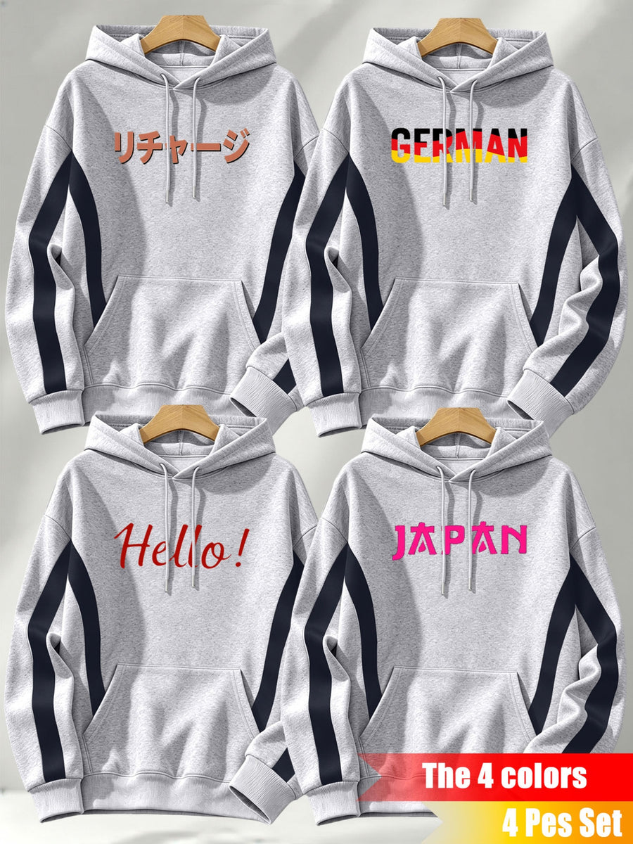 4pcs 2026 Autumn/Winter Men's Street Style Hooded Sweatshirt with Diagonal Contrast Color Line Cutting on Sleeves, Long Sleeves, Adjustable Drawstring, Large Capacity Kangaroo Pocket for Phone Storage, Skin-Friendly and Warm, Versatile Pullover - Gray+grey+grey+grey