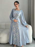 New Women'S Dress New Misty Blue 3D Floral Dress Women'S French Elegant Square Neck Puff Long Sleeve Loose Long Dress Light Luxury Premium Drape Long Skirt Meat-Covering A-Line Style Banquet Date Party Gathering Daily Casual Temperament Outfit Niche - Blue