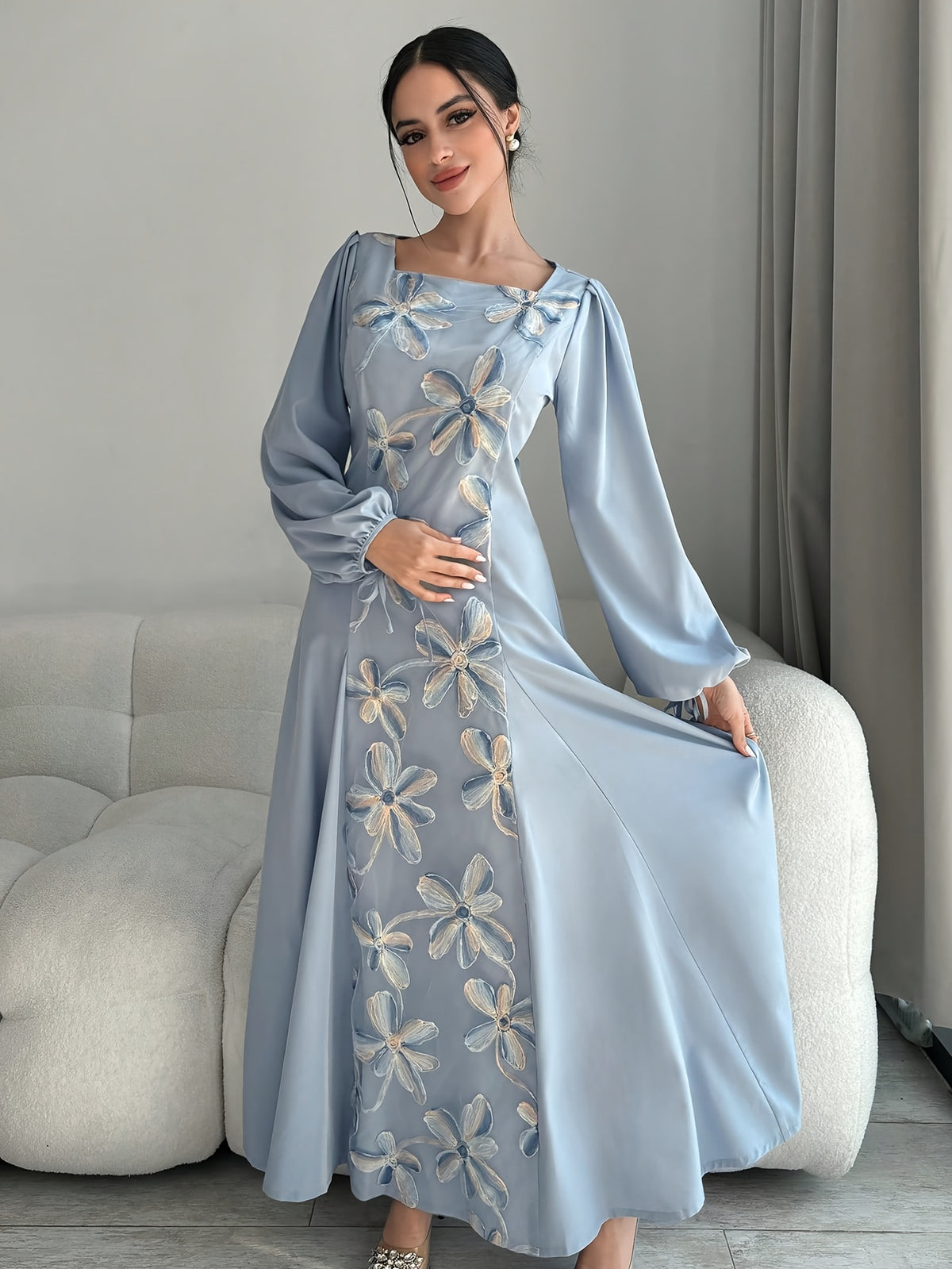 New Women'S Dress New Misty Blue 3D Floral Dress Women'S French Elegant Square Neck Puff Long Sleeve Loose Long Dress Light Luxury Premium Drape Long Skirt Meat-Covering A-Line Style Banquet Date Party Gathering Daily Casual Temperament Outfit Niche - Blue