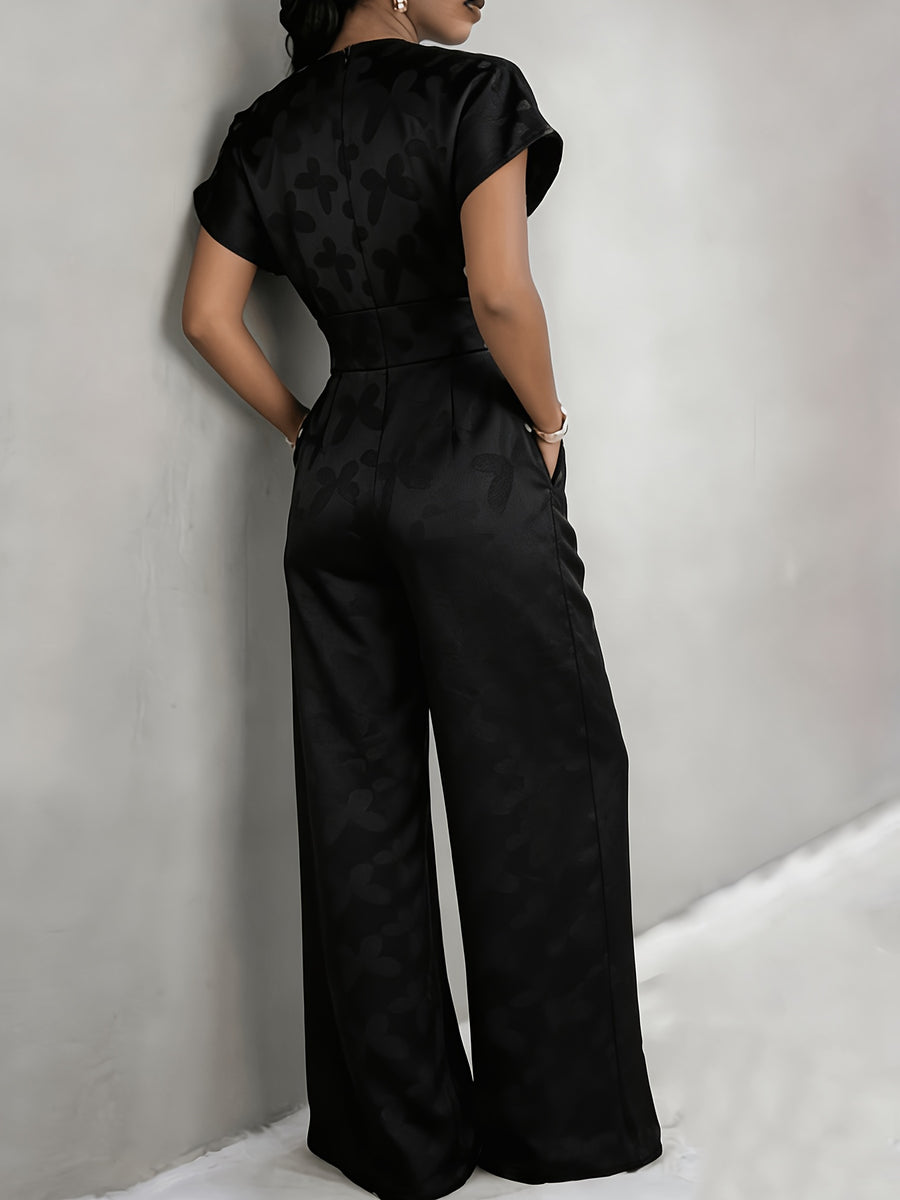 New Spring/Summer 2026 Women's Jacquard Short-Sleeve Jumpsuit with Subtle Butterfly Pattern, V-Neck, Cinched Waist, and Wide-Leg Pants. This Light Luxury, High-end Jumpsuit Offers a Sophisticated Look for Commuting. The Simple and Exquisite V-neck - Black