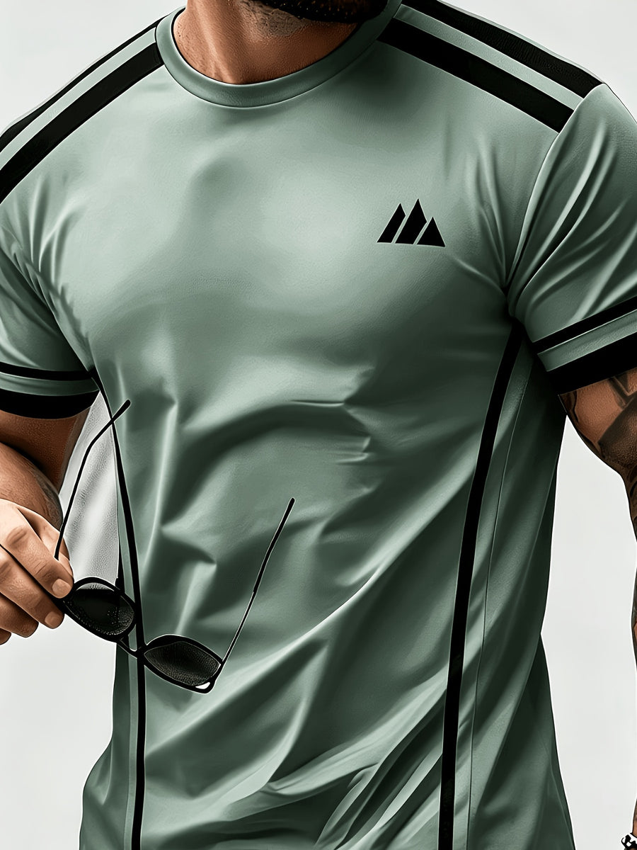 Men'S Trendy Casual Sports T-Shirt, Yellow Black Contrast Striped Mountain Peak Small Label Print Design, Fashionable Thin Breathable T-Shirt, Machine Washable Casual Short Sleeve Top - Mixed Colors 21